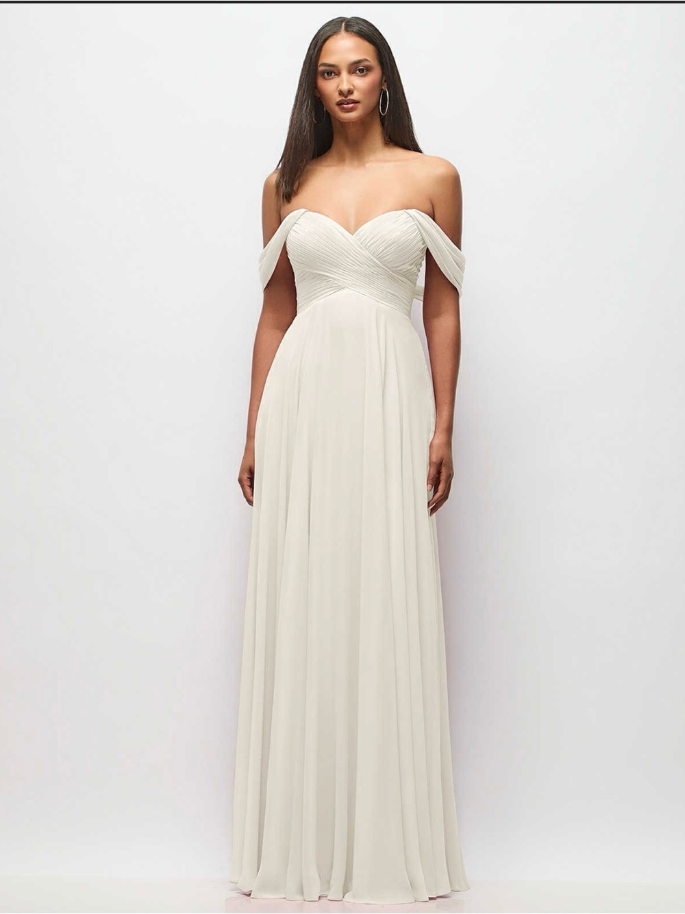Dessy Off-Shoulder Ivory Chiffon Evening Gown